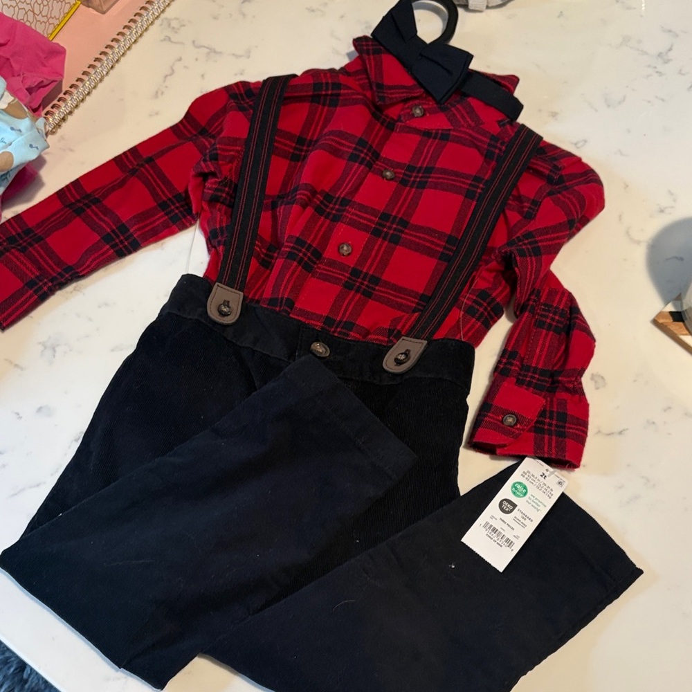 Red Plaid Shirt with Black Pants, Suspenders, and Bow Tie